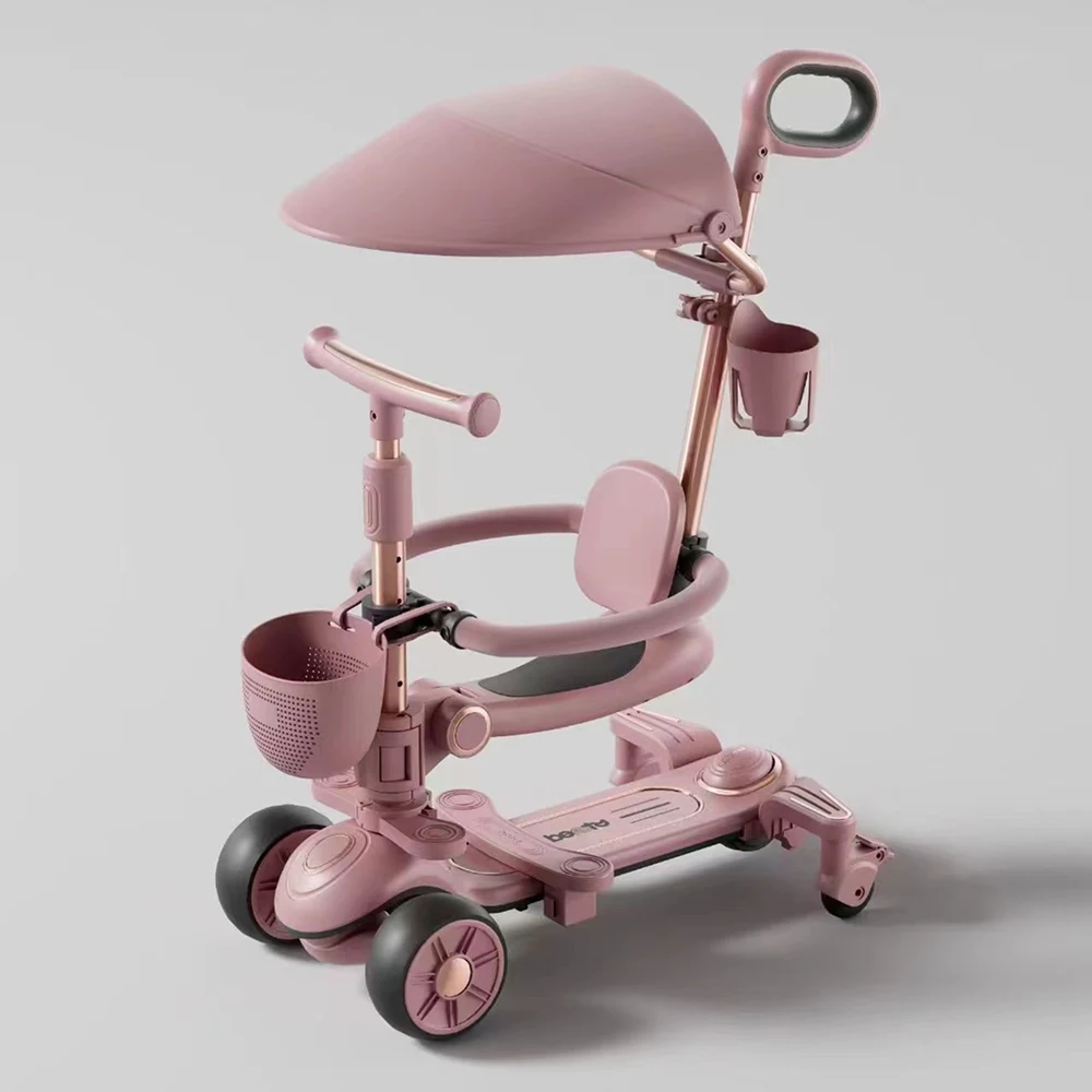 Trotinetă pentru copii cu scaun, parasolar și mâner parental, transformabilă, roți luminoase, muzică și lumini, roz, RTM Scooter (78642) [2]