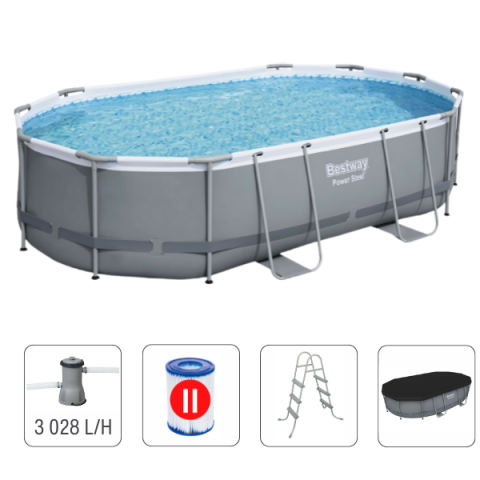 Piscine cu cadrul metalic - Bestway Piscină Power Steel Oval 488x305x107cm, 10949L, carcas metal