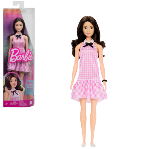 Păpușe Barbie - Păpușa Barbie "Fashionista în rochie roz în carouri cu volane drăguțe și un guler cu fundiță"