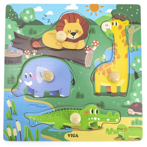Puzzle - Puzzle din lemn cu buton „Animale sălbatice"