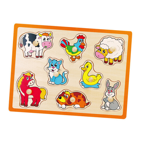 Puzzle - Puzzle din lemn cu buton „Animalele de la fermă" 8 elem.