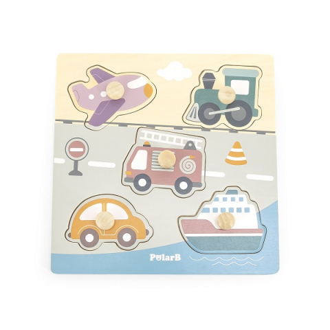 Toate Produsele - Puzzle din lemn cu buton „Mijloace de transport" 5 elem.