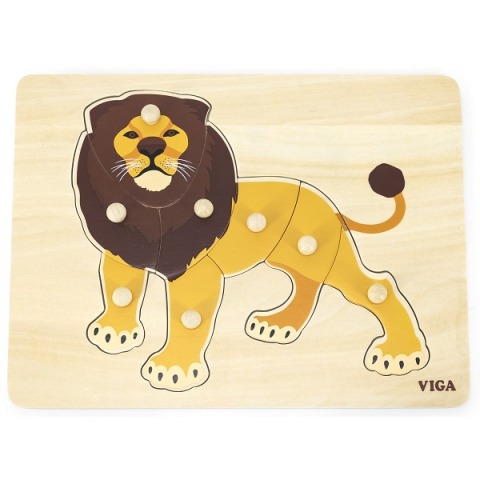 Puzzle - Puzzle din lemn Montessori cu buton “Leu”