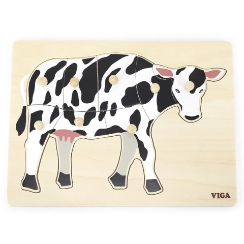Puzzle - Puzzle din lemn Montessori cu buton “Vacă”
