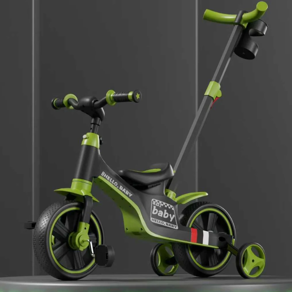Tricicletă 4 în 1 pentru copii, cu mâner parental, muzică și lumini, verde (58367) [1]
