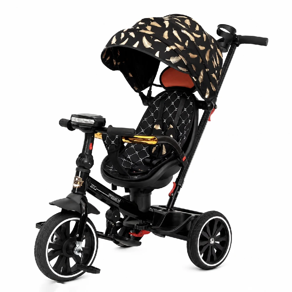 Transport pentru copii - Tricicletă pentru copii cu muzică și scaun rotativ 360°, negru-auriu (47598)
