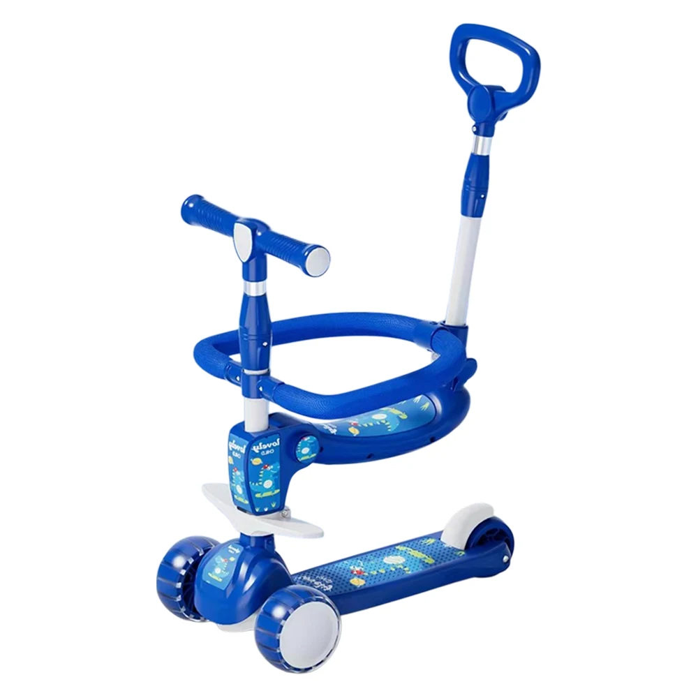 Trotinete cu mâner parental - Trotinetă pentru copii 6 în 1 cu scaun, mâner parental, roți luminoase și muzică, 3 culori, RTM Scooter (JSC366)