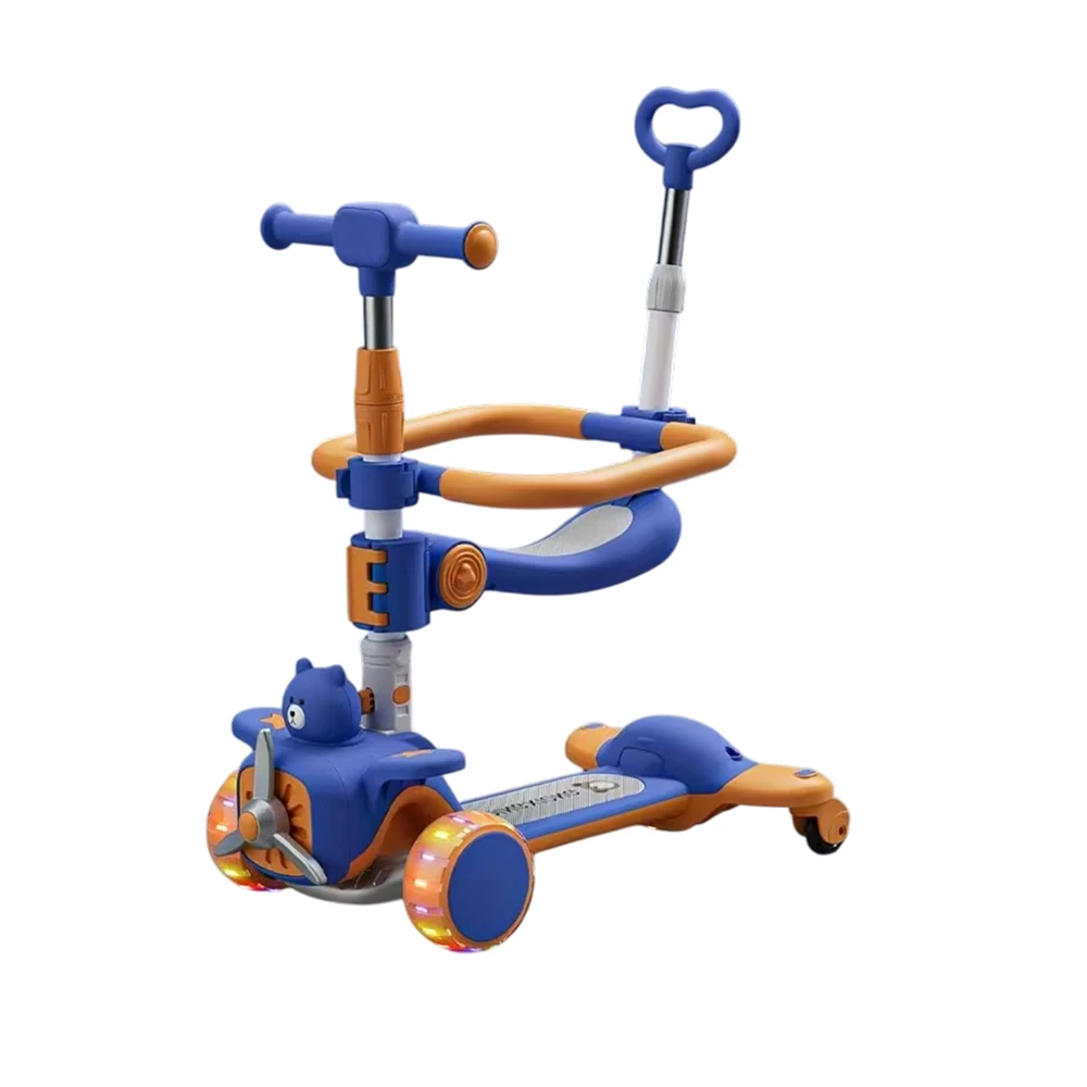 Trotinete cu mâner parental - Trotinetă pentru copii 6 în 1 cu scaun, mâner parental, roți luminoase și muzică, albastru, RTM Scooter (64473)