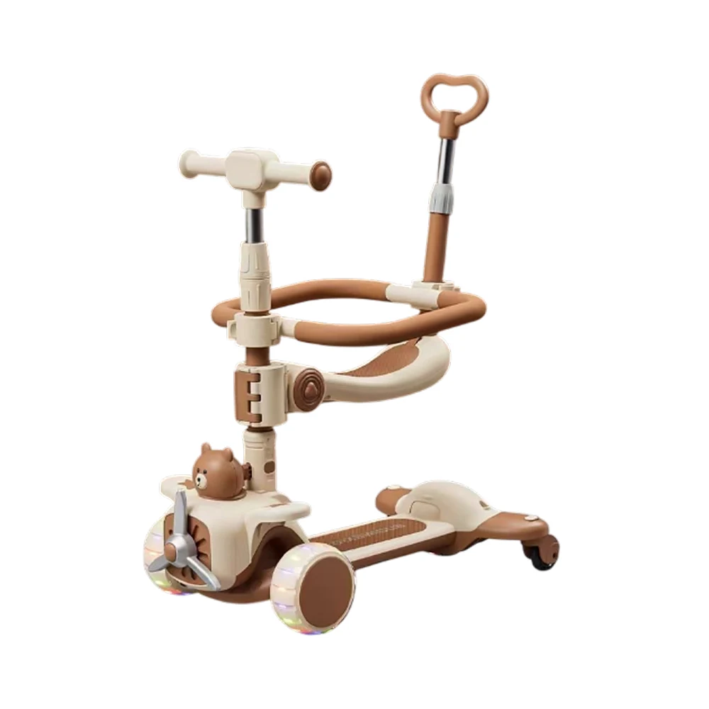 Trotinete cu 3 roți - Trotinetă pentru copii 6 în 1 cu scaun, mâner parental, roți luminoase și muzică, bej, RTM Scooter (91573)