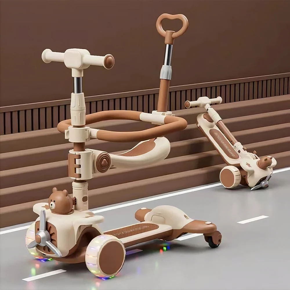 Trotinetă pentru copii 6 în 1 cu scaun, mâner parental, roți luminoase și muzică, bej, RTM Scooter (91573) [1]