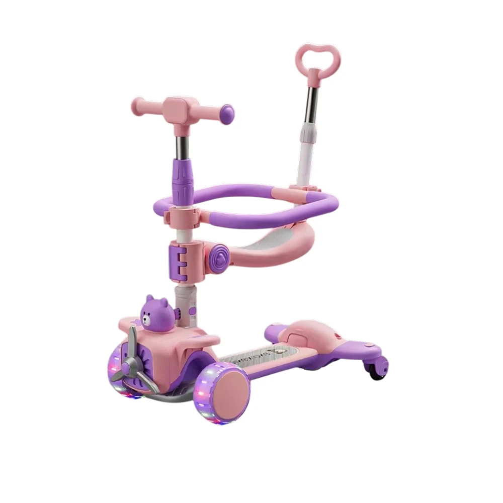 Trotinete cu 3 roți - Trotinetă pentru copii 6 în 1 cu scaun, mâner parental, roți luminoase și muzică, roz, RTM Scooter (91238)