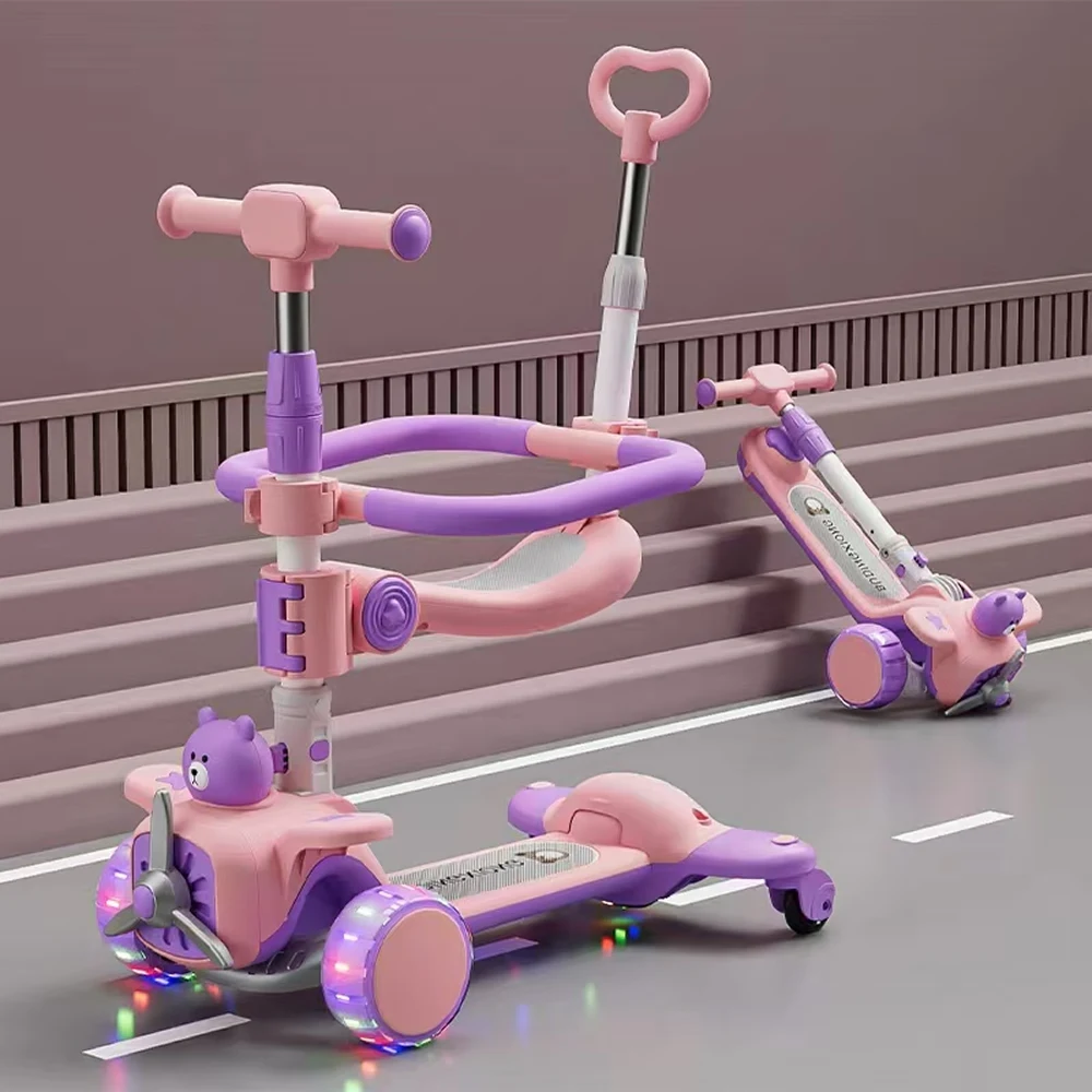 Trotinetă pentru copii 6 în 1 cu scaun, mâner parental, roți luminoase și muzică, roz, RTM Scooter (91238) [1]