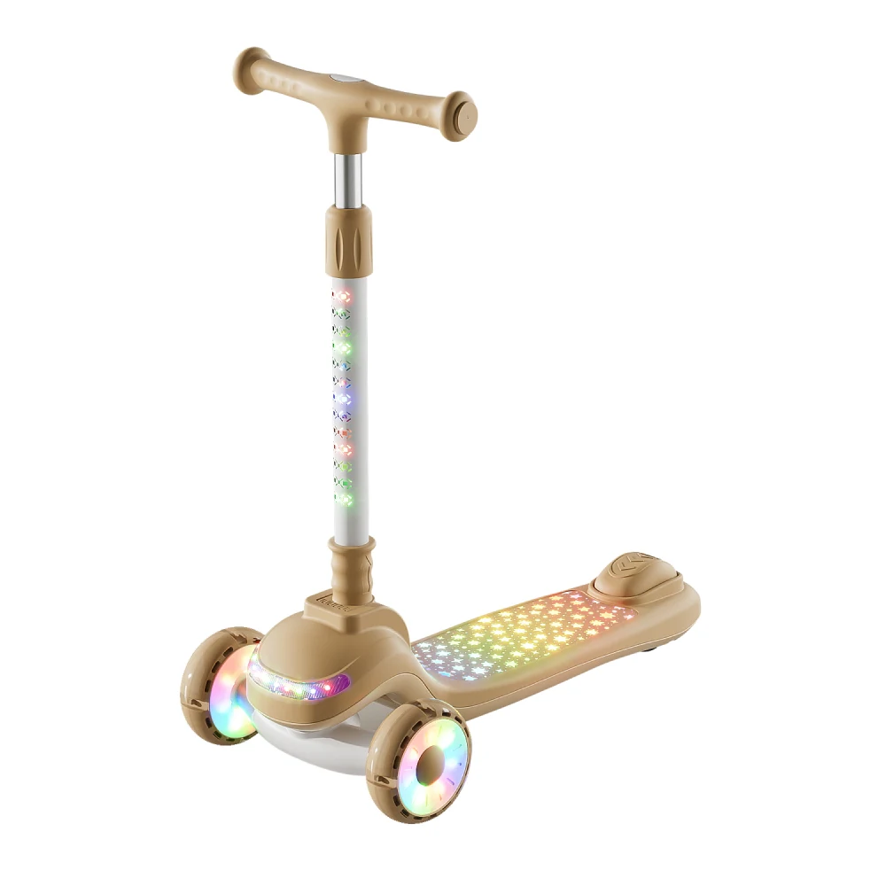 Trotinete pentru copii - Trotinetă pentru copii cu 3 roți luminoase, platformă cu muzică și lumini, ghidon cu lumini, bej, RTM Scooter (40236)