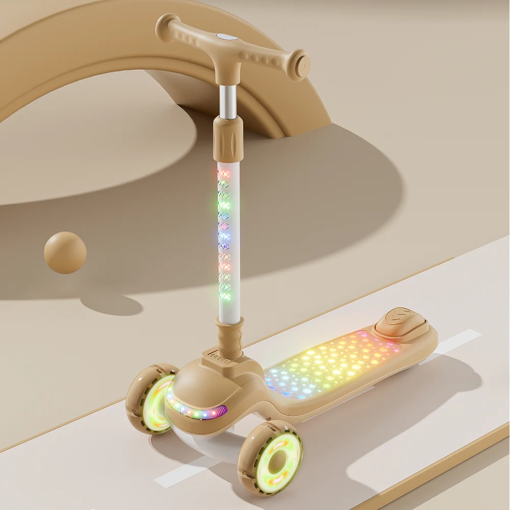 Trotinetă pentru copii cu 3 roți luminoase, platformă cu muzică și lumini, ghidon cu lumini, bej, RTM Scooter (40236) [1]