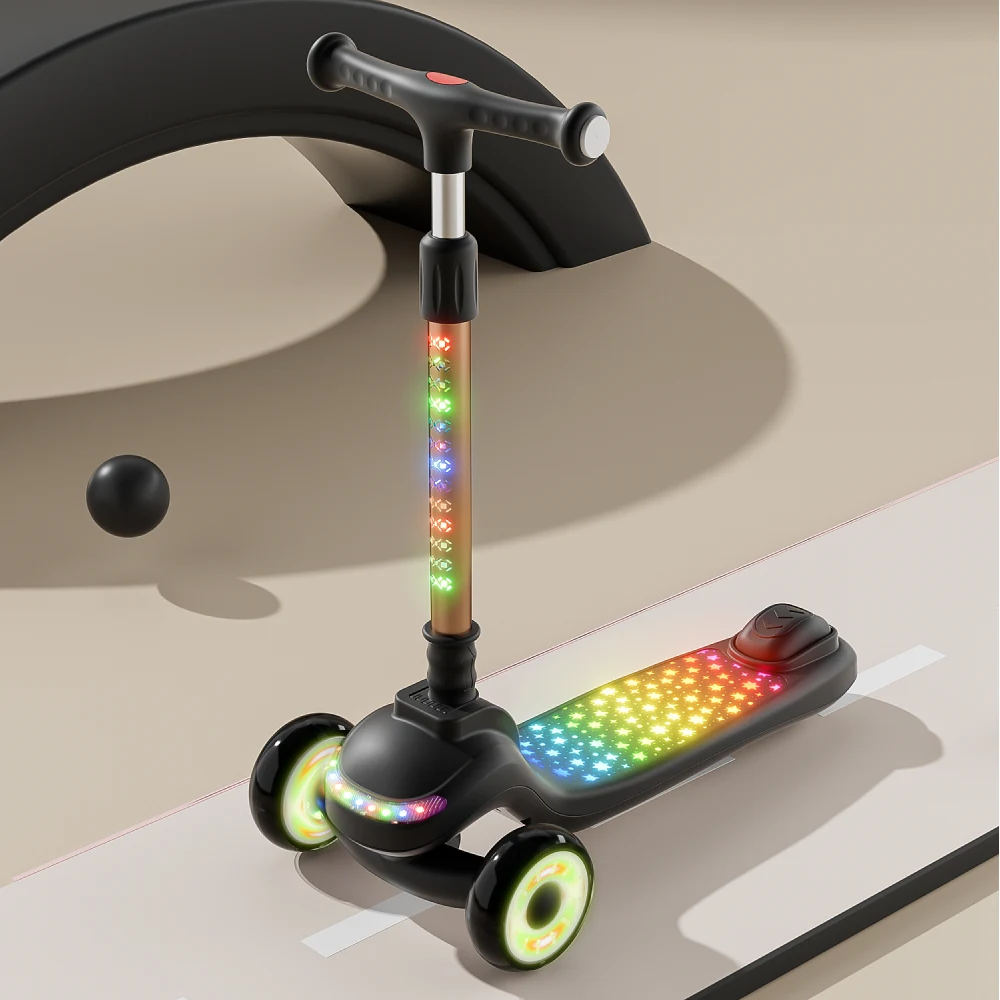 Trotinetă pentru copii cu 3 roți luminoase, platformă cu muzică și lumini, ghidon cu lumini, negru, RTM Scooter (40465) [1]