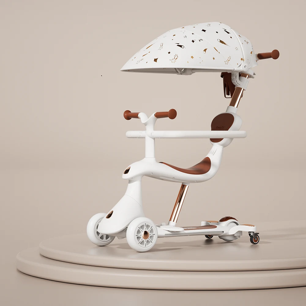 Trotinetă pentru copii cu scaun, parasolar și mâner parental, transformabilă, roți luminoase, alb, RTM Scooter (74002) [1]