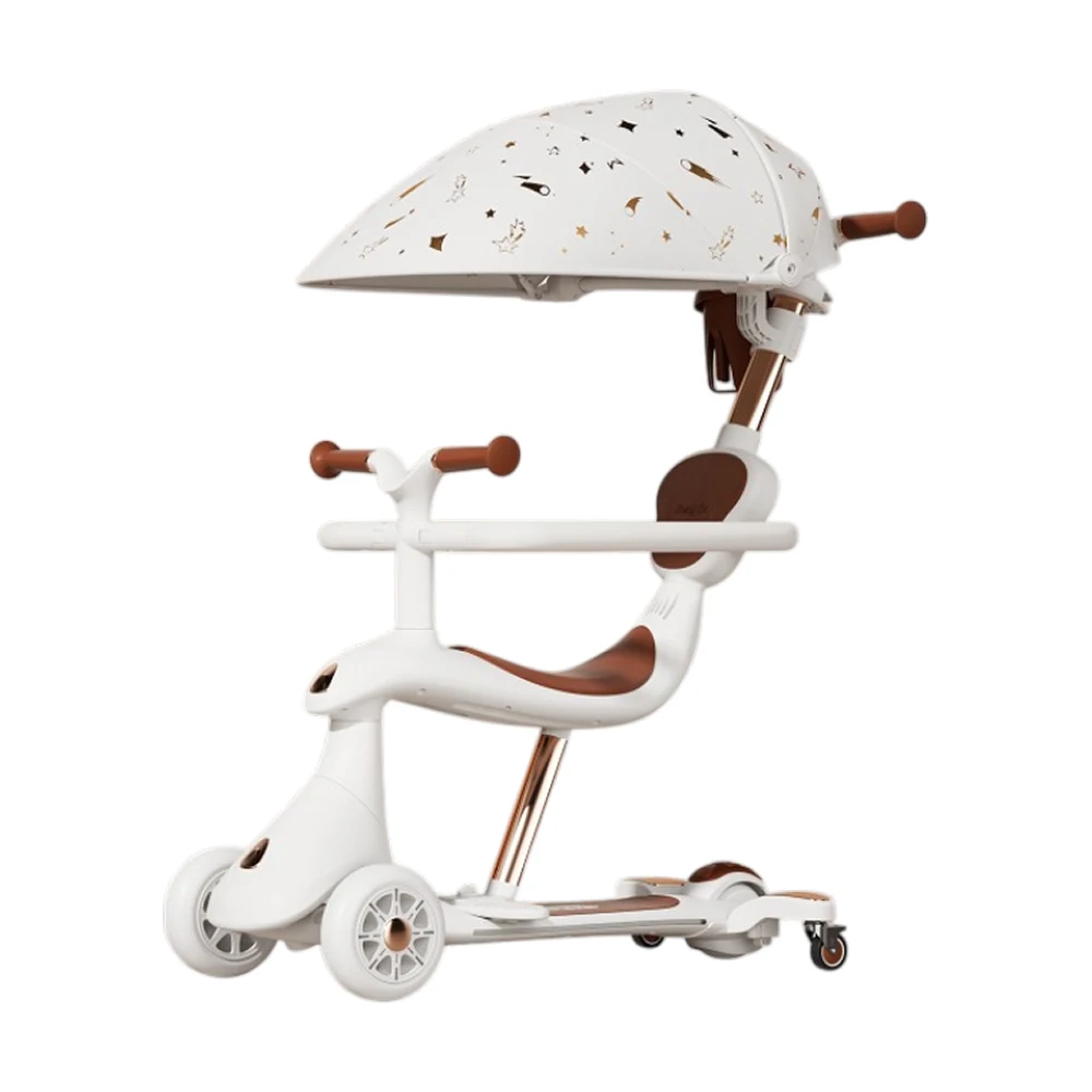 Trotinete cu mâner parental - Trotinetă pentru copii cu scaun, parasolar și mâner parental, transformabilă, roți luminoase, alb, RTM Scooter (74002)