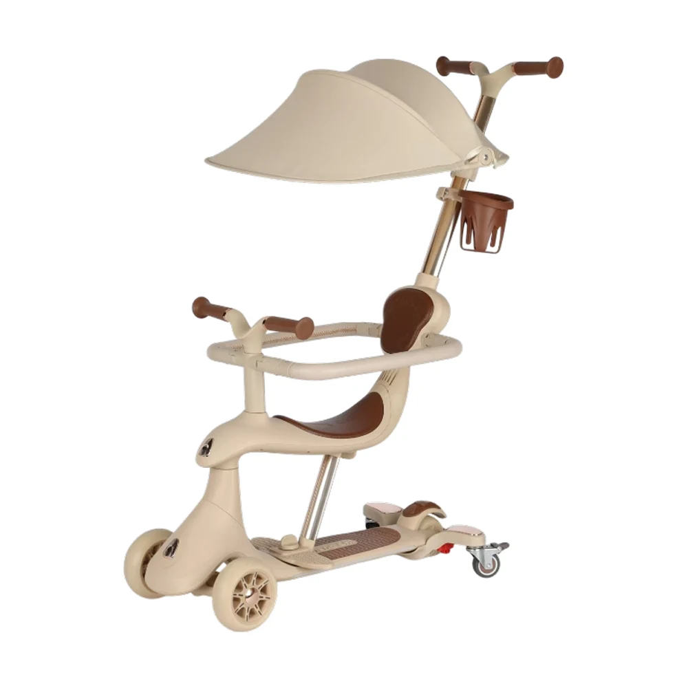 Trotinete cu mâner parental - Trotinetă pentru copii cu scaun, parasolar și mâner parental, transformabilă, roți luminoase, bej, RTM Scooter (074001)