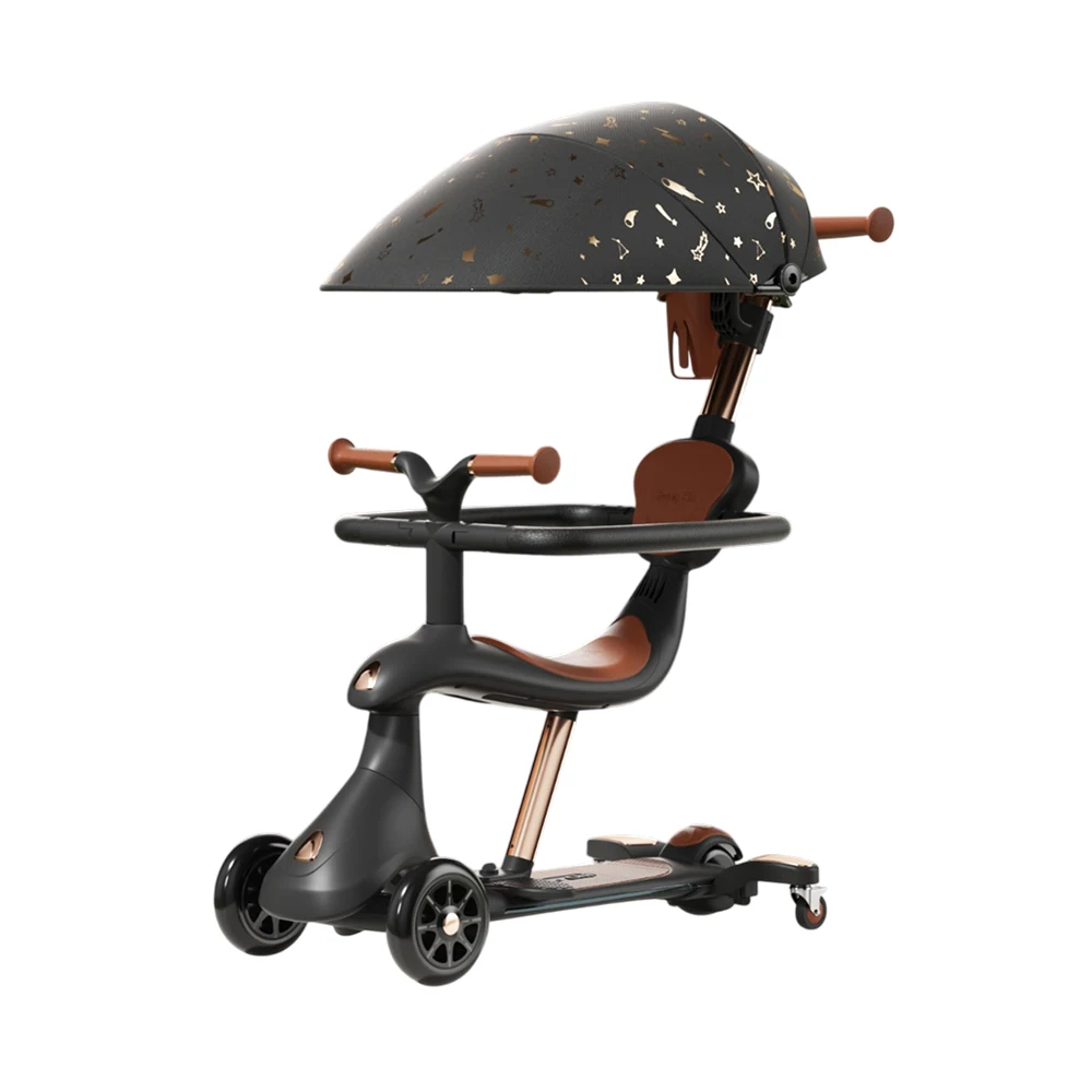 Trotinete cu mâner parental - Trotinetă pentru copii cu scaun, parasolar și mâner parental, transformabilă, roți luminoase, negru, RTM Scooter (74000)