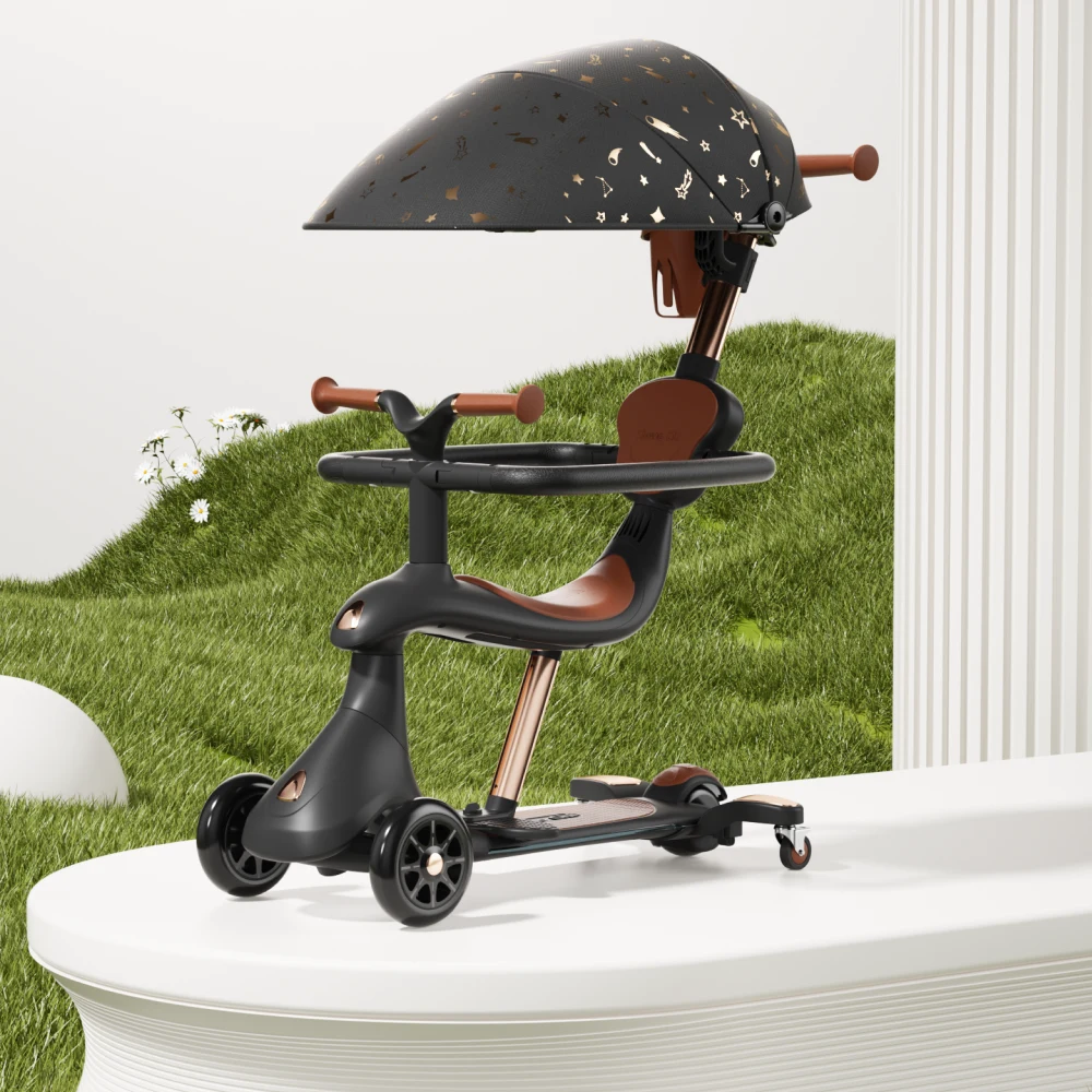 Trotinetă pentru copii cu scaun, parasolar și mâner parental, transformabilă, roți luminoase, negru, RTM Scooter (74000) [1]