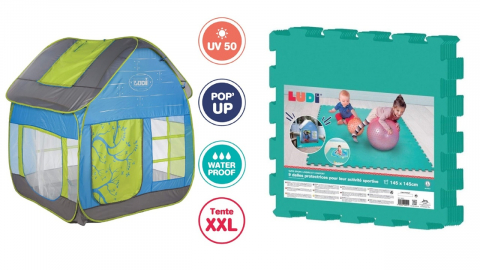 Tunel de activitati, cort copii - Pachet Cort de joaca COTTAGE si covoras din spuma PLAY