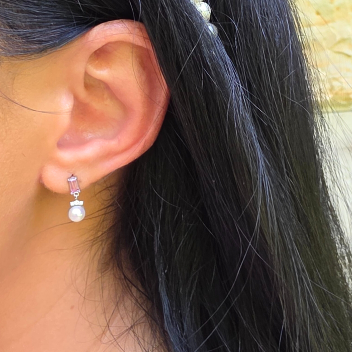 Cercei Sensual Grace Aur Galben 14 K, cu Perle de Cultura, Diamante si Safire Roz [3]