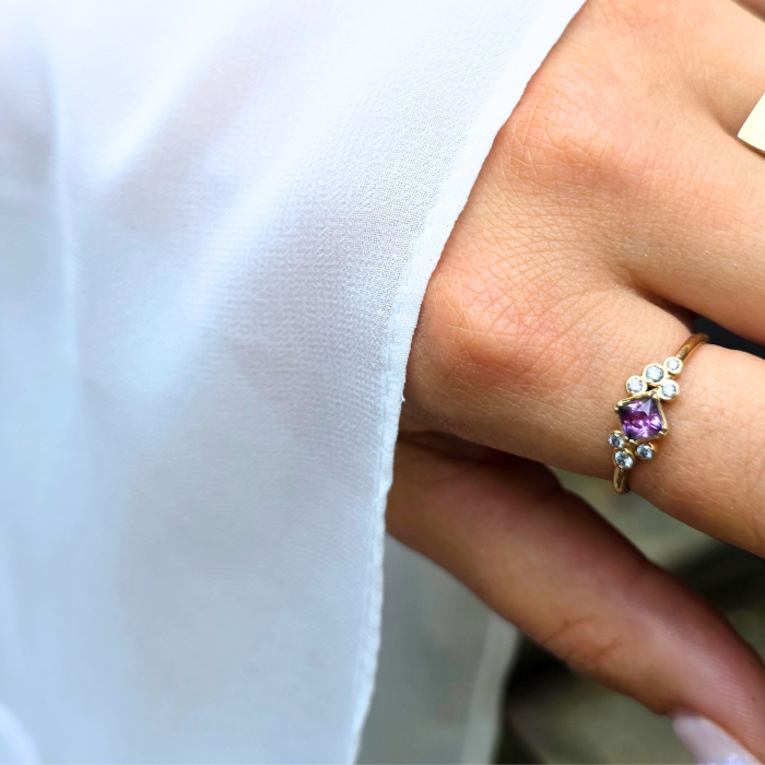 Inel Elegance Royale din Aur galben 14K cu Safir Square Roz si Diamante [4]