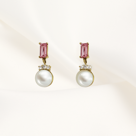 Cercei ,,Sensual Grace'' Aur Galben 14 K, cu Perle Dalloz, Diamante si Safire Roz