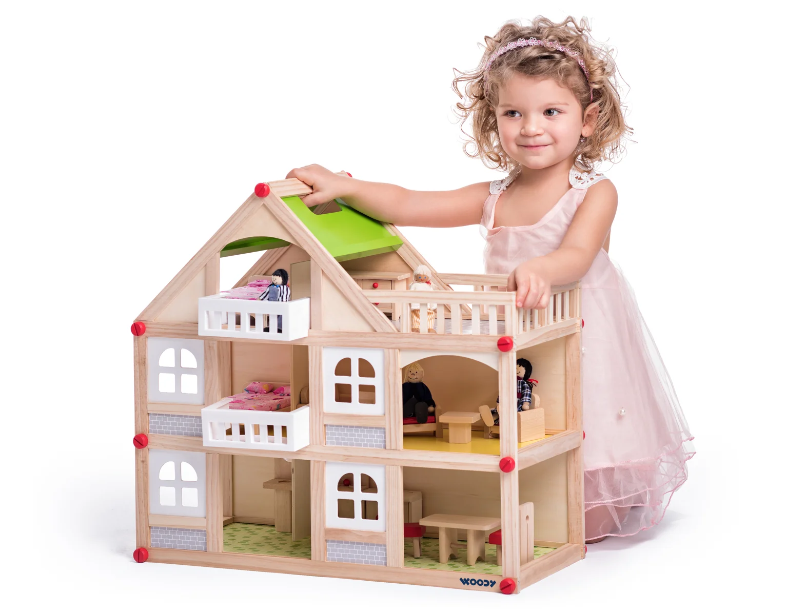Cutia cu jucarii - Casă de păpuși din lemn cu etaj, terasă, 4 personaje și mobilier