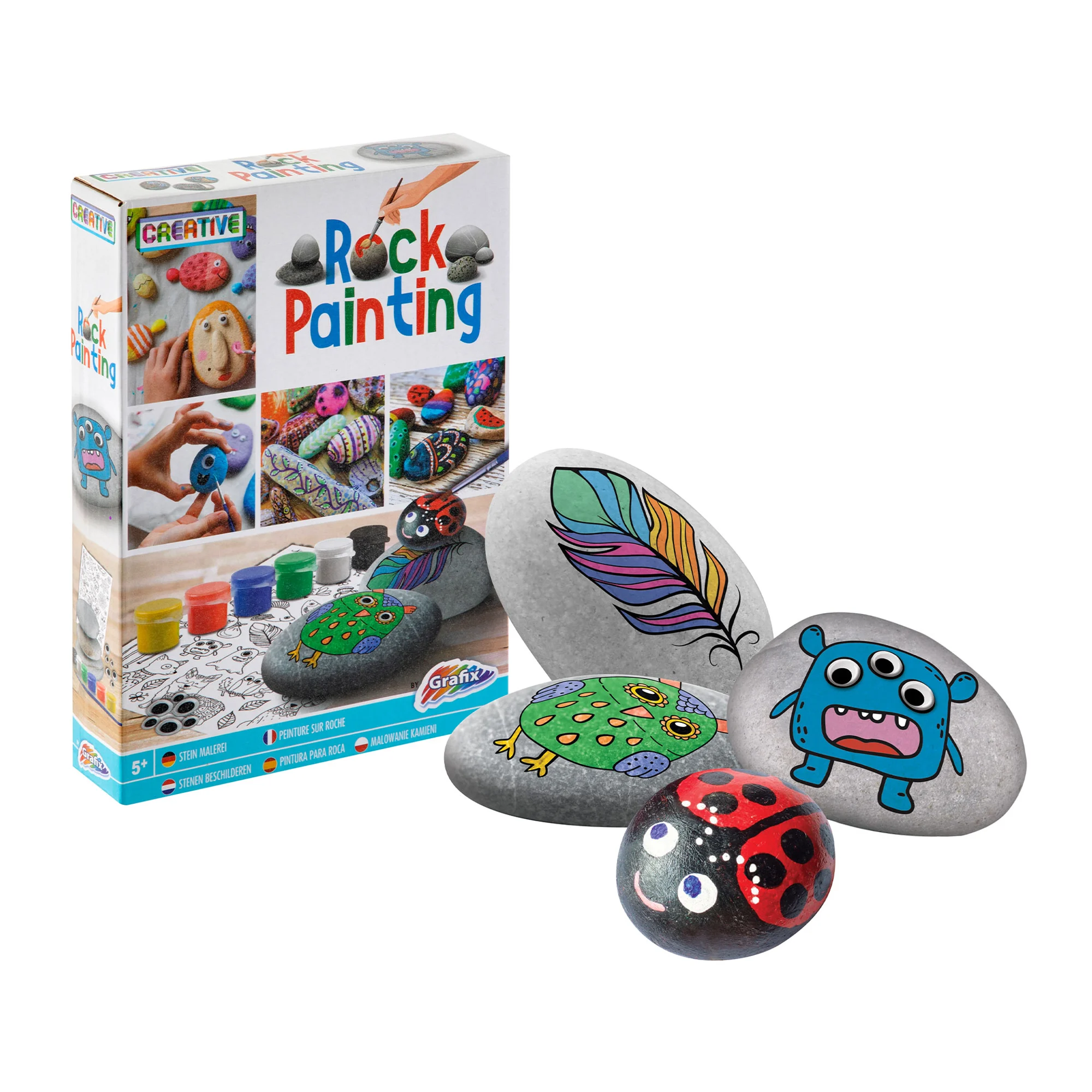Noutăți - Set creativ - Pictură pe pietre cu 6 acuarele, pensule și ochi mobili