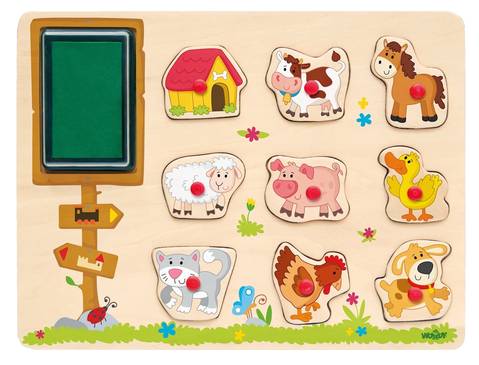 Puzzle-uri - Set de 9 ștampile și tușieră din lemn - La fermă