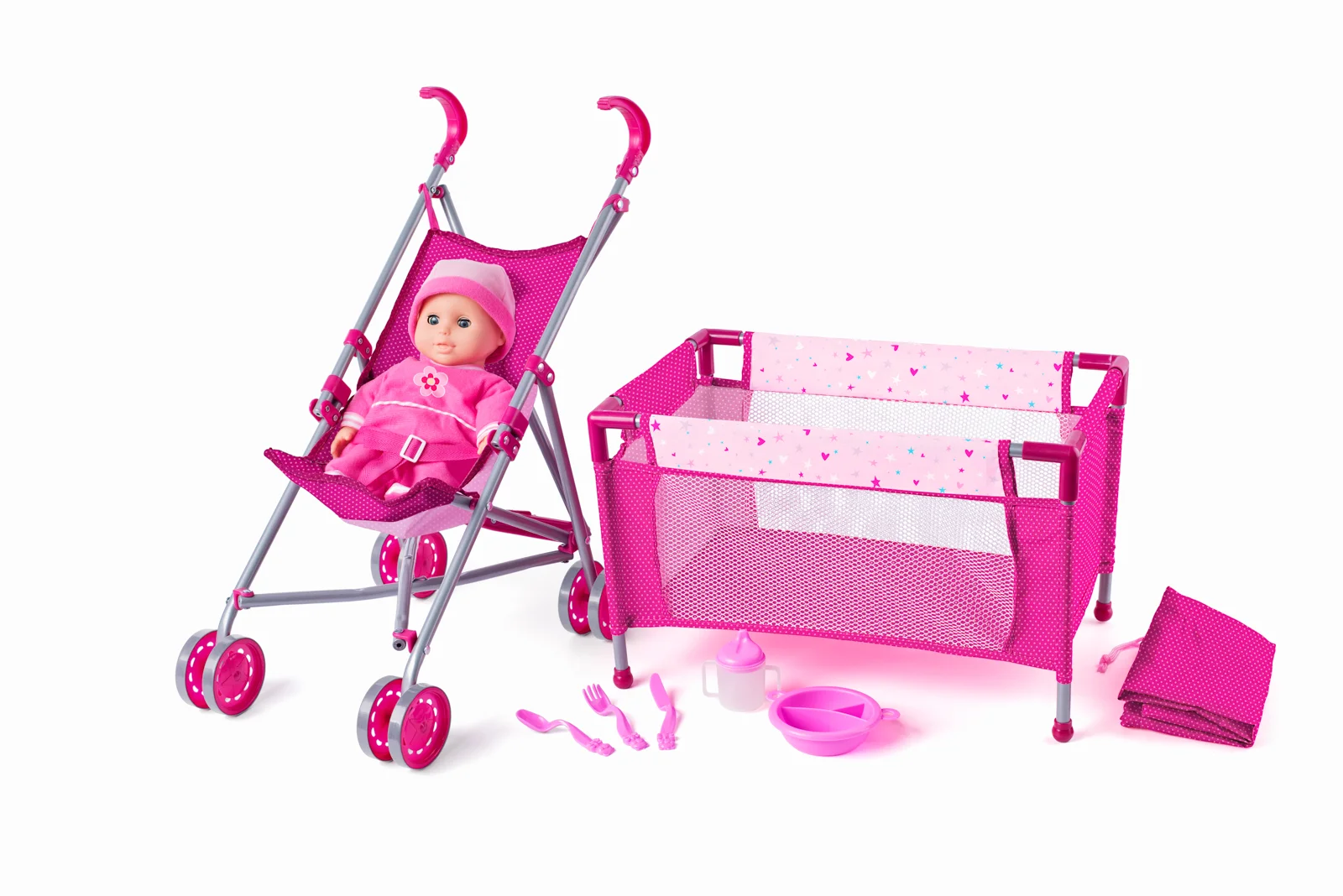 Cutia cu jucarii - Set îngrijire cu păpușă, cărucior, pătuț și accesorii