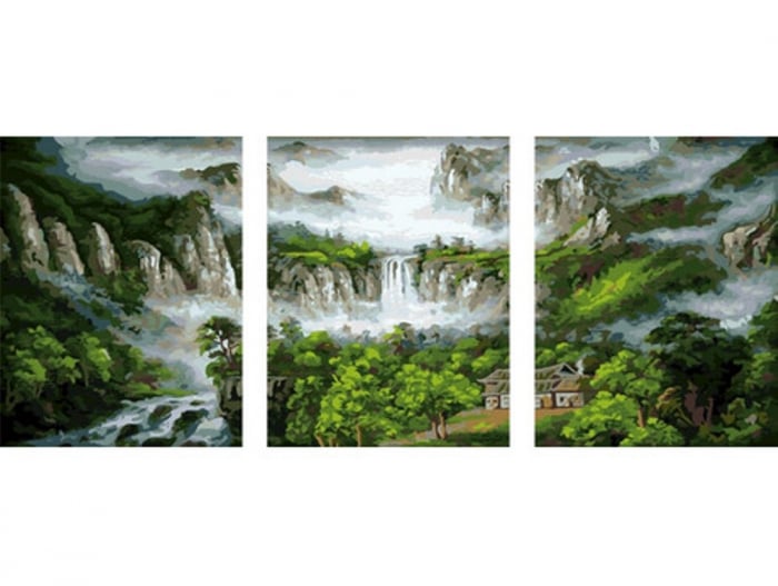 Pictura pe numere (set de 3 tablouri) - Cascada in munti, 50 x 120 cm