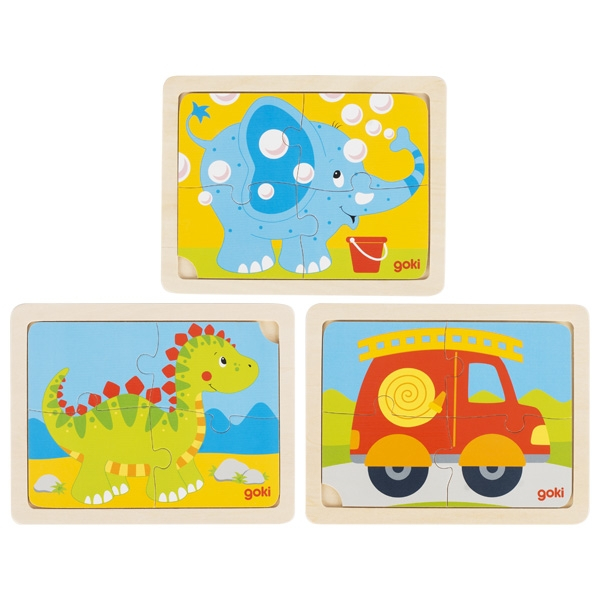 Puzzle cu 4 piese din lemn - Dinozaur/ Elefant/ Masina de pompieri [4]