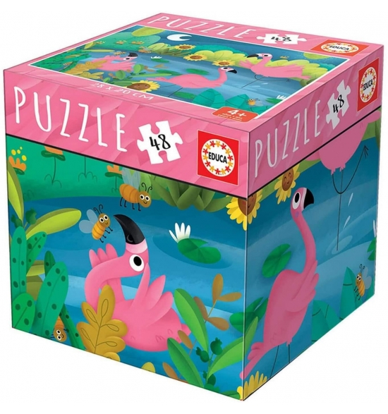 Puzzle cu 48 de piese intr-o mini cutie tip cub - Pasari flamingo