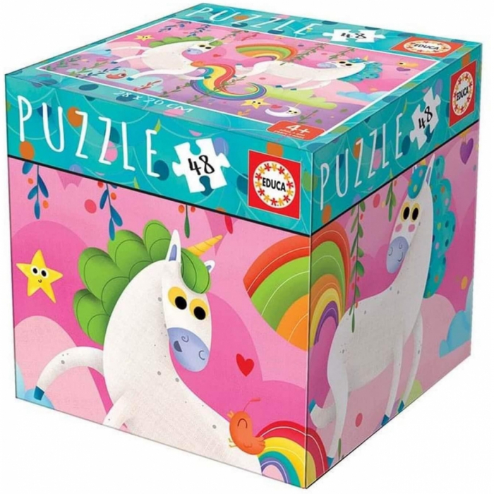 Puzzle cu 48 de piese intr-o mini cutie tip cub - Unicorni
