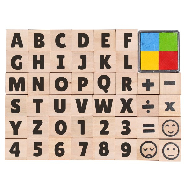 Set 44 ștampile din lemn și 4 tușiere - Litere și cifre [2]