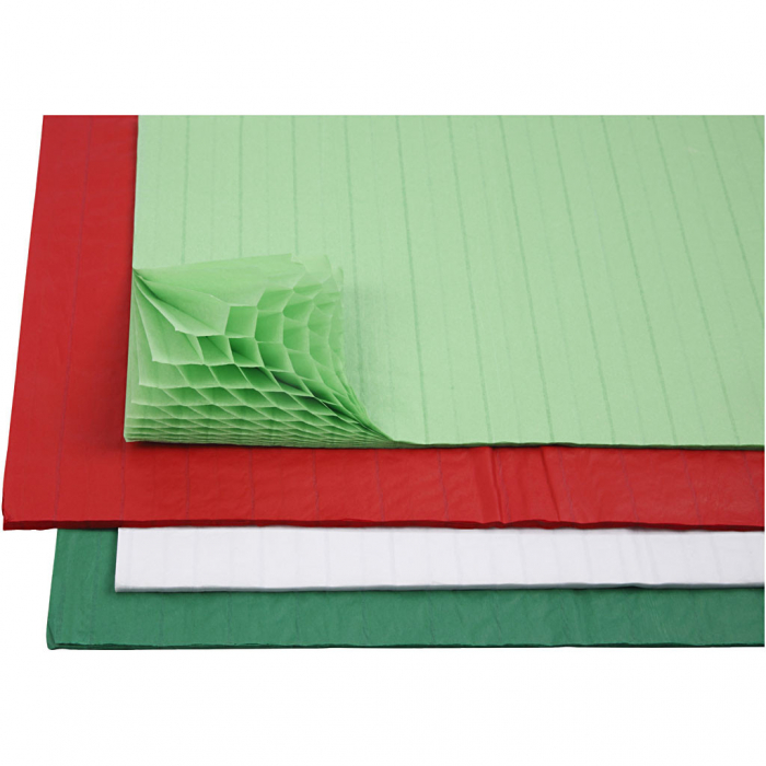 Set de 8 coli de hartie tip fagure pentru decoratiuni, 28 x 17 cm (verde deschis, rosu, alb si verde inchis)
