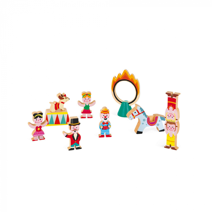 Set de joaca din lemn cu 1 decor si 10 figurine din lemn - La circ [3]