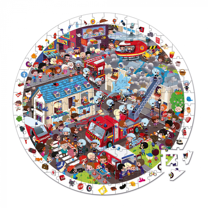 Set Puzzle circular din carton cu 208 piese si 1 poster - Pompieri