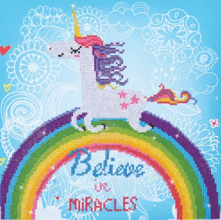 Tablou cu diamante - Unicorn pe curcubeu (Believe in miracles)