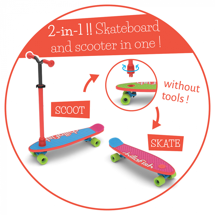Trotineta si skateboard 2 in 1, cu 4 roti, maner rosu si 3 placi interschimbabile pentru baza - SkatieSkootie [3]