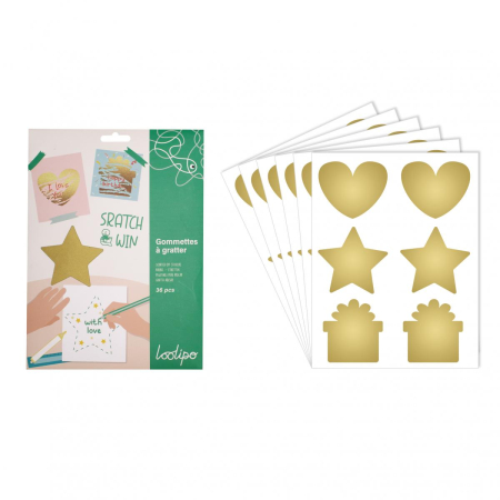 Jocuri si jucarii educative - 36 de stickere aurii răzuibile personalizabile - Inimi, stele și cadouri