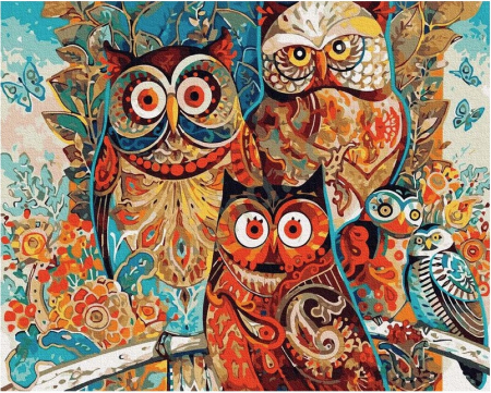 Pictura pe numere - Pictura pe numere - Familia de bufnite, 50 x 65 cm