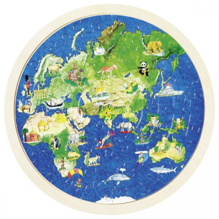 Puzzle-uri geografice - Puzzle circular din lemn - Harta lumii cu animale