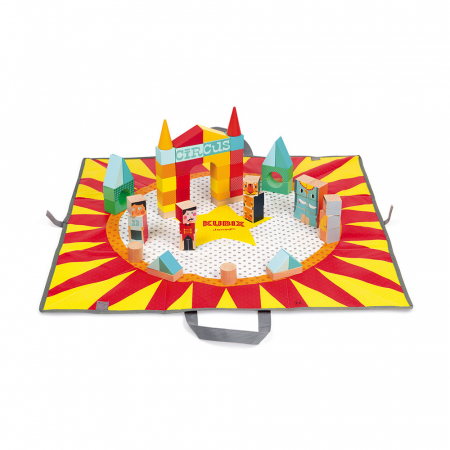Cuburi de constructie - Set 60 de cuburi de constructie din lemn si 1 covoras de joaca pliabil (60 x 60 cm)