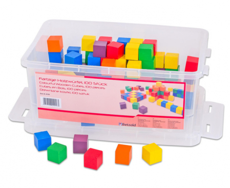 Jocuri de asociere si observare - Set de 100 de cuburi colorate din lemn, în cutie transparentă din plastic