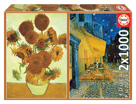 Puzzle-uri cu 500-2000 piese - Set de 2 puzzle-uri din cate 1000 de piese - Floarea soarelui & Terasa cafenelei noaptea (Van Gogh)