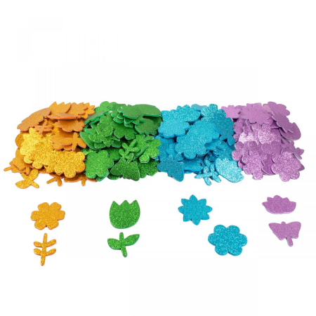 Art&Craft - Set de 200 de forme autoadezive din spumă cu sclipici - Flori de primăvară
