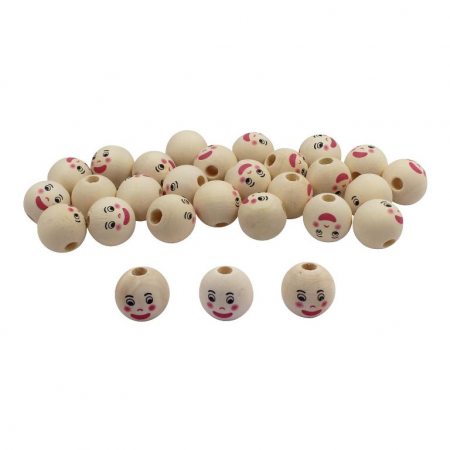 Art&Craft - Set de 30 de margele din lemn cu fete zambitoare - 2,2 cm